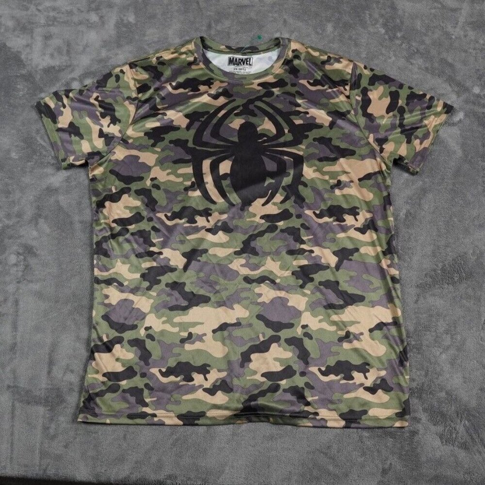 SpiderMan Marvel Shirt Mens 2XL Green Brown Camo T-Shirt Athletic Performance
